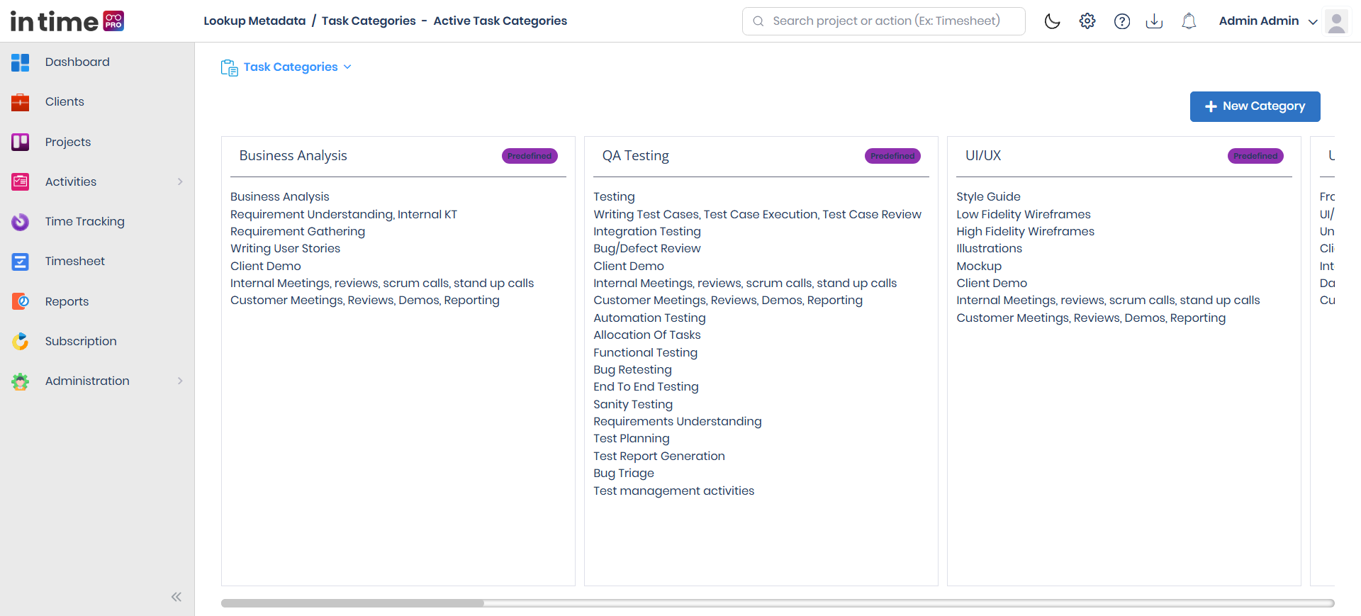 Active Task Categories view, with category columns and their nested tasks